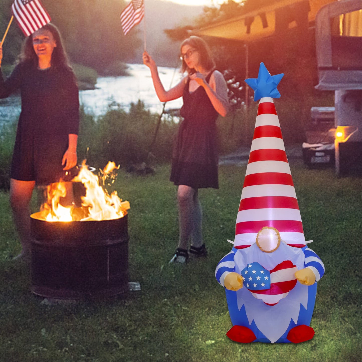 Juegoal Patriotic Independence Day Inflatable, 4FT Blow Up Gnome, 4th of July Outdoor American Uncle Sam, Lighted Tomte Elf with Top Hat for Lawn Yard Home Veterans Day Celebration Garden Decor