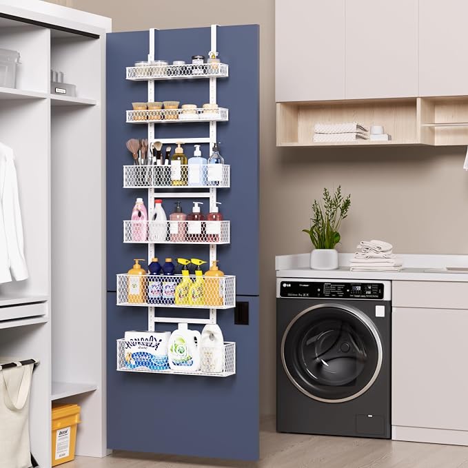 6-Tier Over The Door Pantry Organizer,Hanging Spice Rack,Grid Basket,White | Height Adjustable,Large Capacity,Grid Base for Stable Stoage,For Pantry Door,Laundry Room,Bathroom,Kitchen,D5.3xW15.7xH60.9in