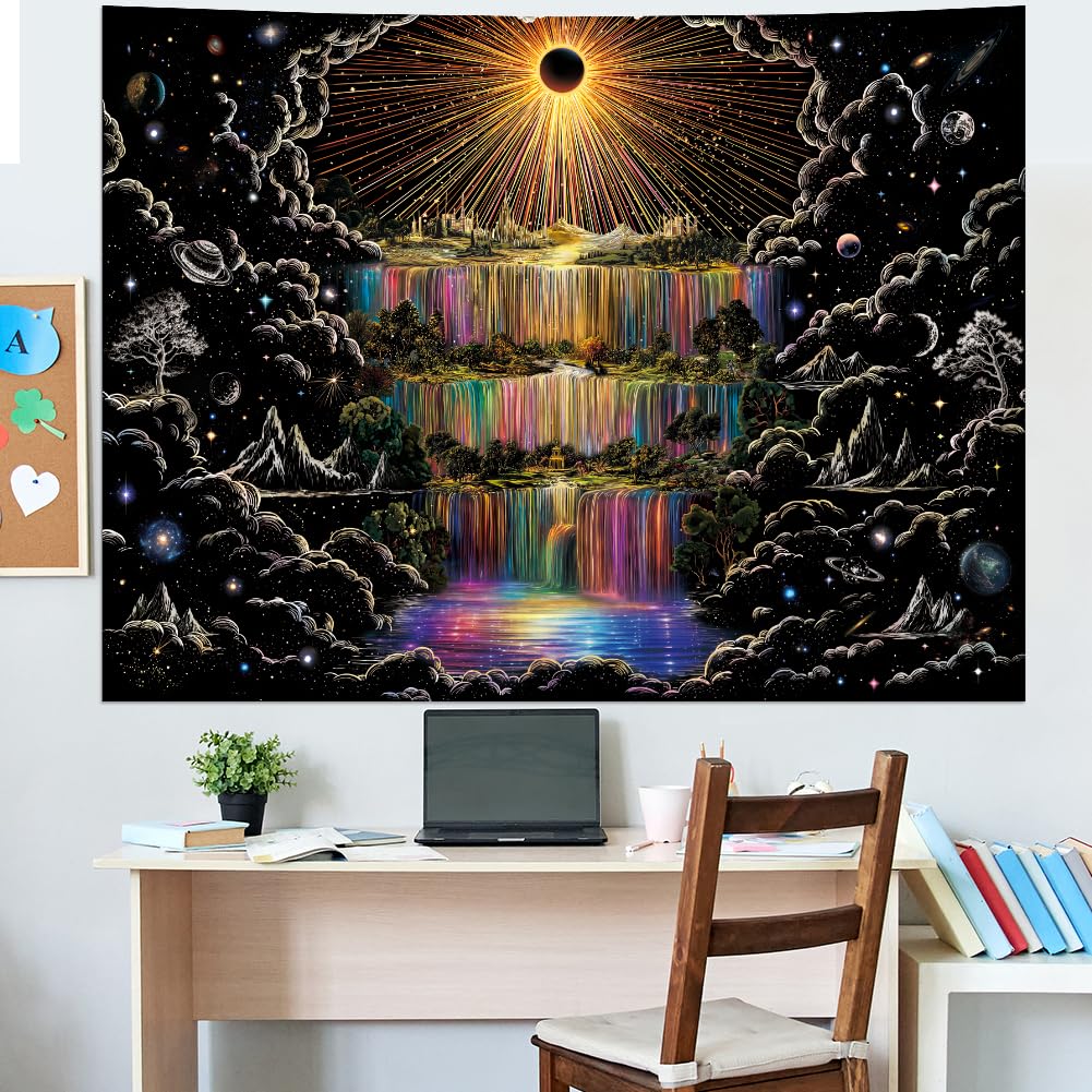 Lahasbja Galaxy Waterfall Tapestry Trippy Sun Wall Hanging Aesthetic Cosmic Space Tapestries Black and White Mountain Forest Trees Wall Decor Hippie Sketched Nature Landscape Backdrop for Bedroom