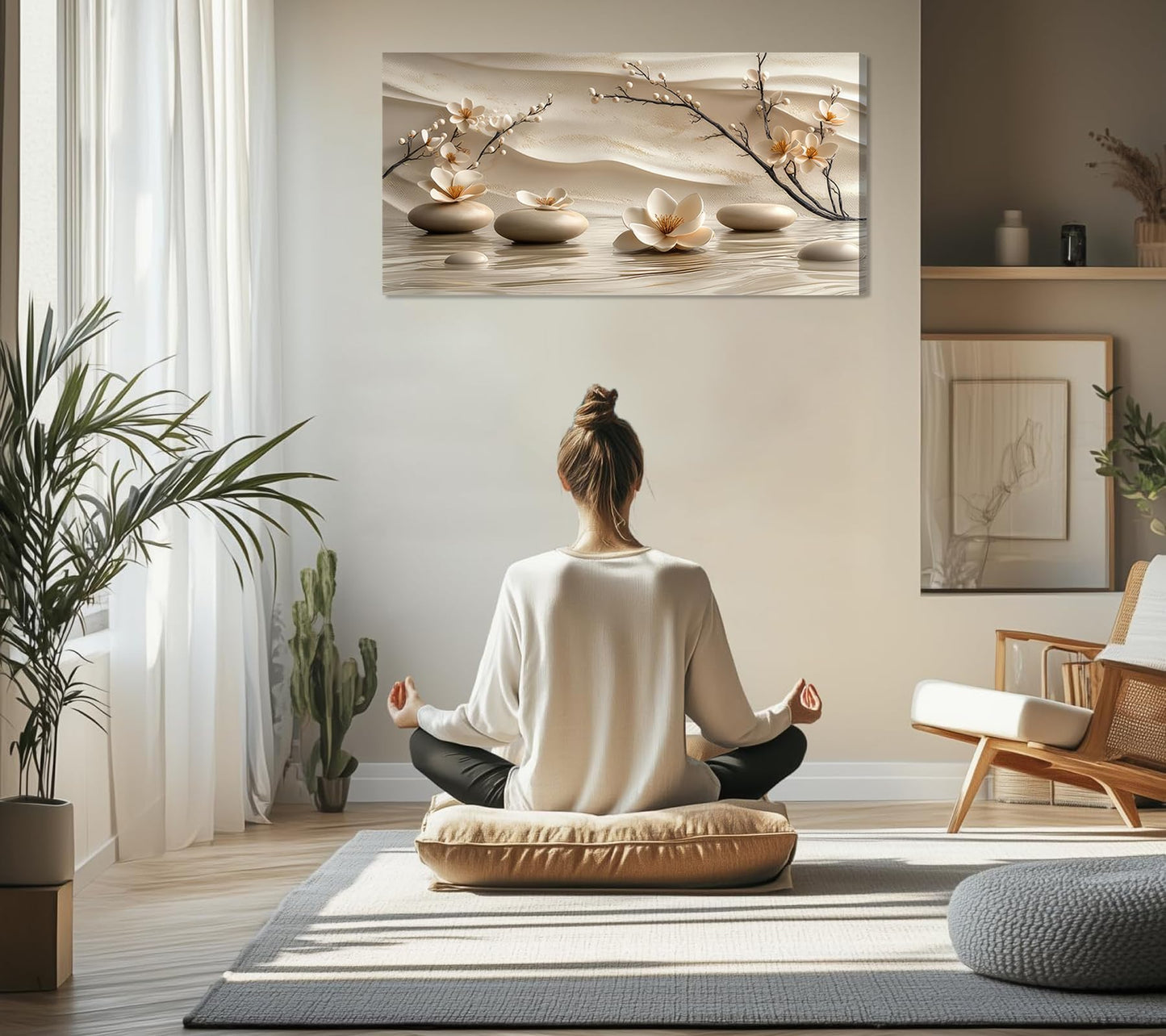 FEACFQKJ Zen Canvas Wall Art White Lotus Wall Decor Print Artwork Lotus Flowers Bloom Stones Spa Painting Pictures for yoga meditation room decoration 16x32in