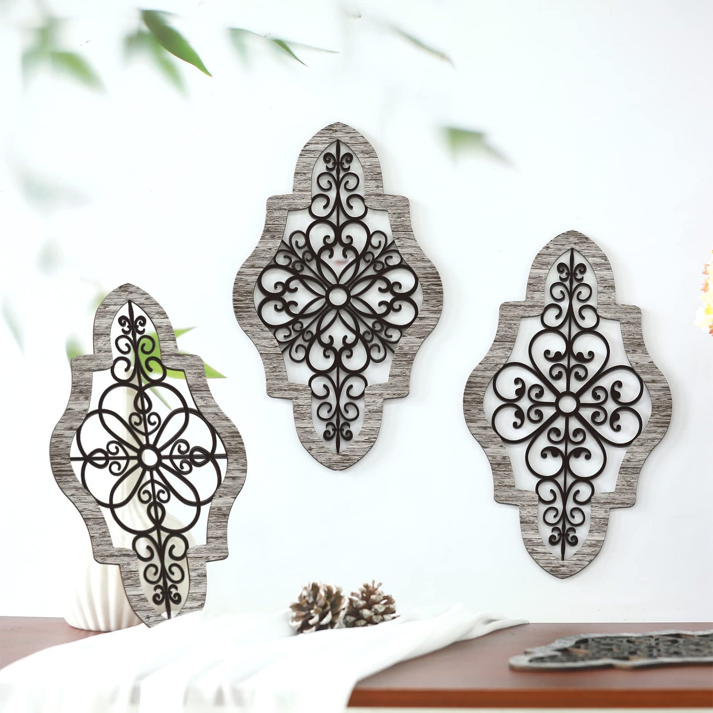 4 Pieces Thicken Rustic Wood Wall Decor Modern Farmhouse Wall Art Decor Wooden Hollow Carved Design Rustic Art for Living Room Bedroom Office Kitchen (Classic Style)