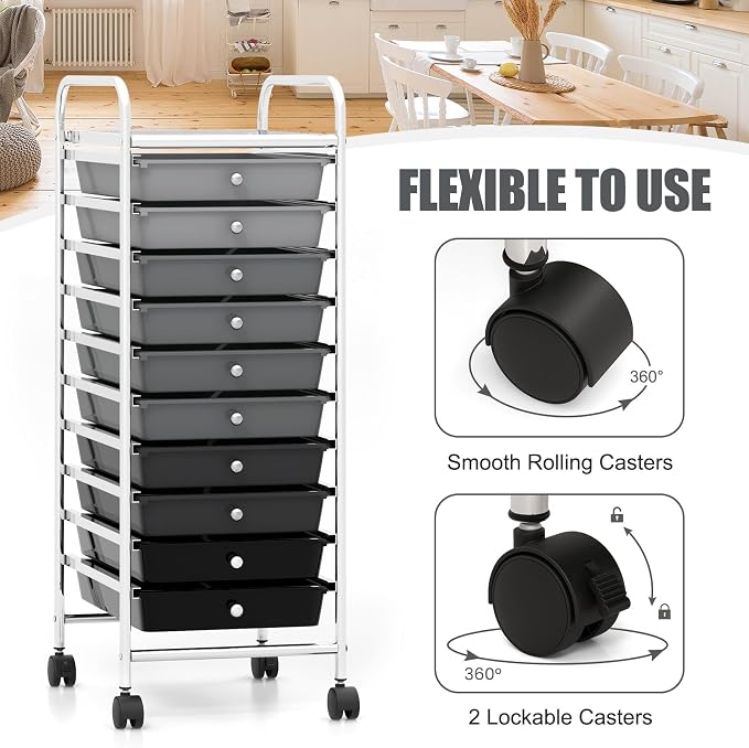 MEDIMALL 10 Drawers Rolling Storage Cart, Multipurpose Craft Storage Cart with Wheels, Mobile Tools Scrapbook Paper Organizer Cart for Office School Home Use