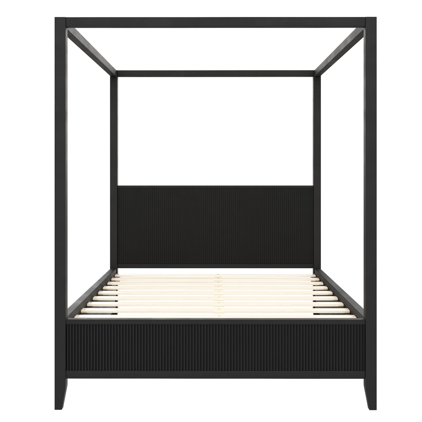 Merax Modern Luxury Queen Size Wooden Canopy Bed Frame with Headboard, Slats Support, Wood 4 Poster Bed Frame, No Box Spring Needed, Contemporary Bedroom Furniture, Black