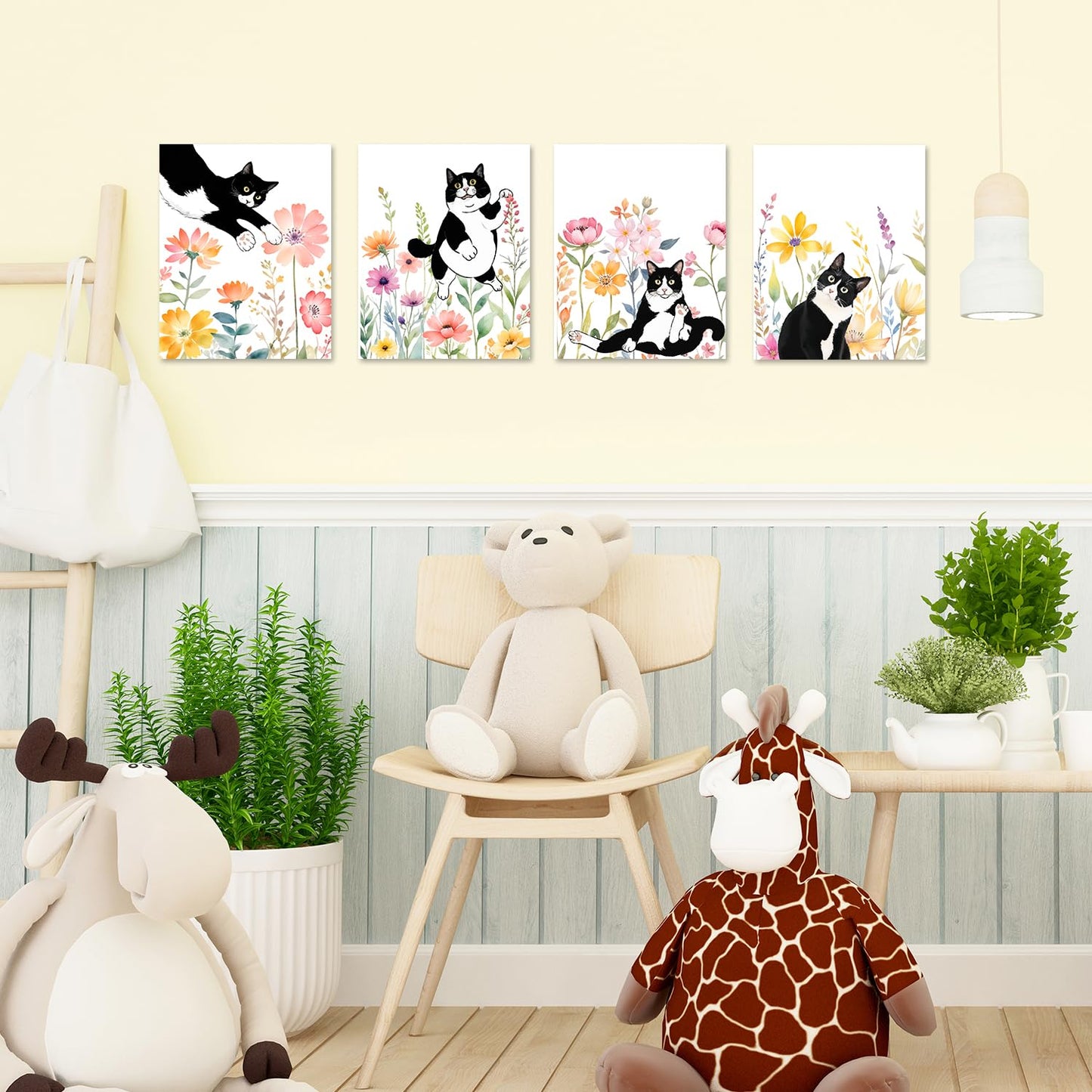 JINYO Wildflower Black and White Cat Wall Art Prints Set of 4, Black Cat Room Home Decor, Funny Cute Tuxedo Kitty Kitten Floral Botanical Posters Pictures Wall Decor, 8x10 Unframed