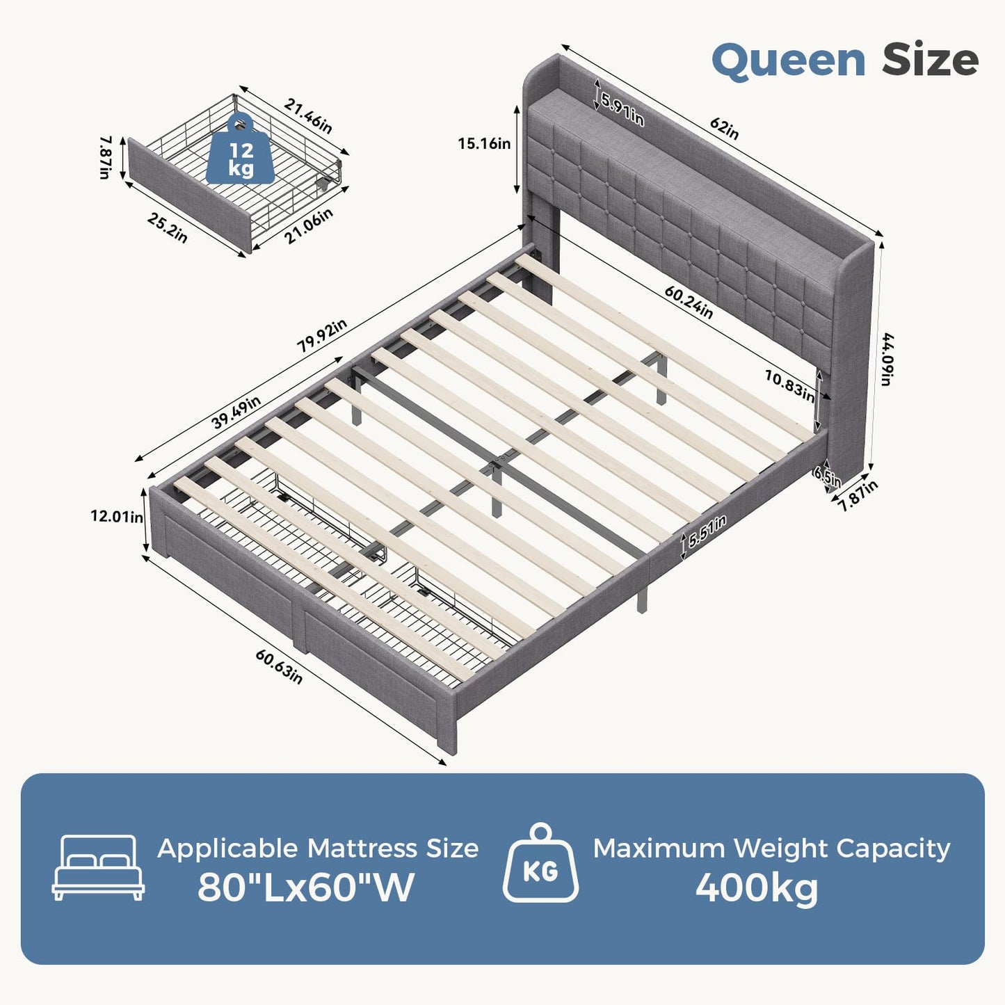 HAPPYMONT Queen Size Upholstered Bed Frame with Storage Drawers, Platform Bed with Fabric Headboard, Wooden Slats Support, No Box Spring Needed, Easy Assembly, Gray
