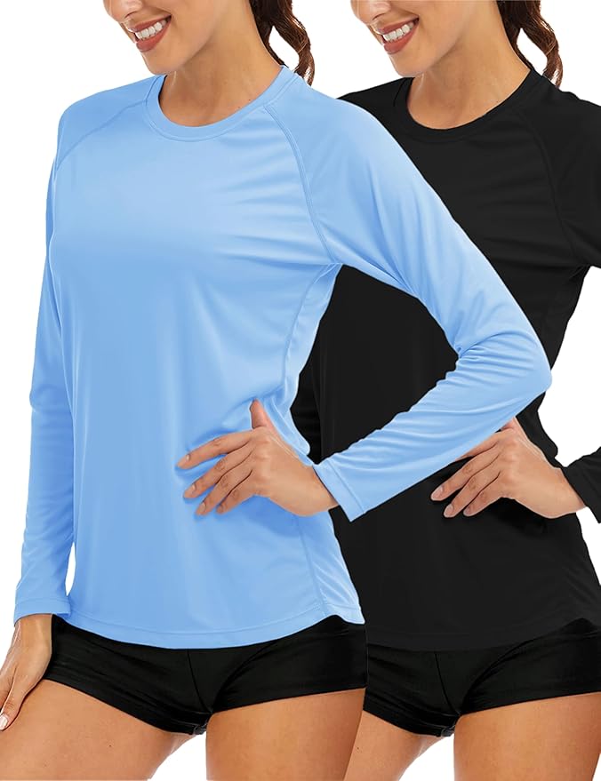 MAGCOMSEN Women's 2 Pack Long Sleeve Shirts UPF 50+ Sun Protection Quick Dry Swim Shirt for Rash Guard Fishing Workout