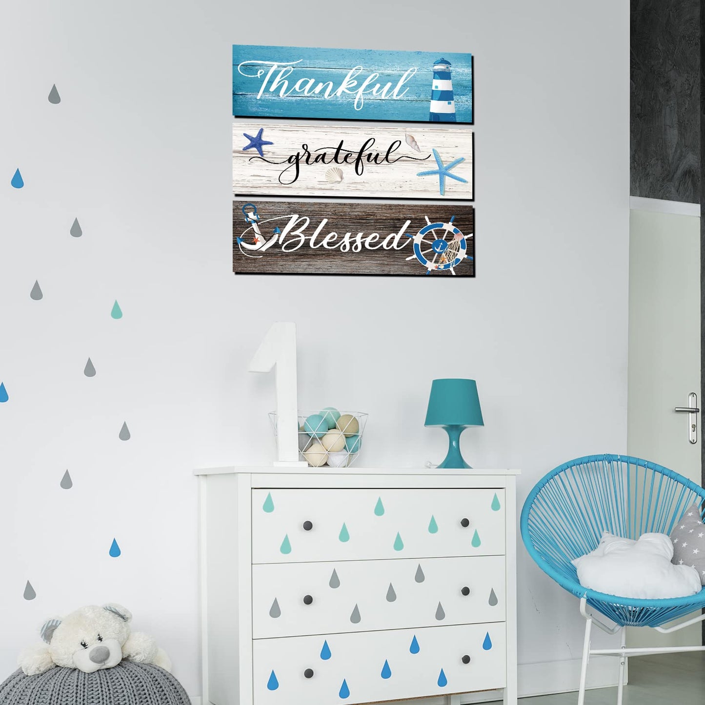 Yookeer 3 Pieces Thankful Grateful Blessed Wooden Signs Coastal Rustic Wood Signs Wall Decor Beach Wood Front Hanging for Farmhouse Outdoor Decor(Coastal Style)