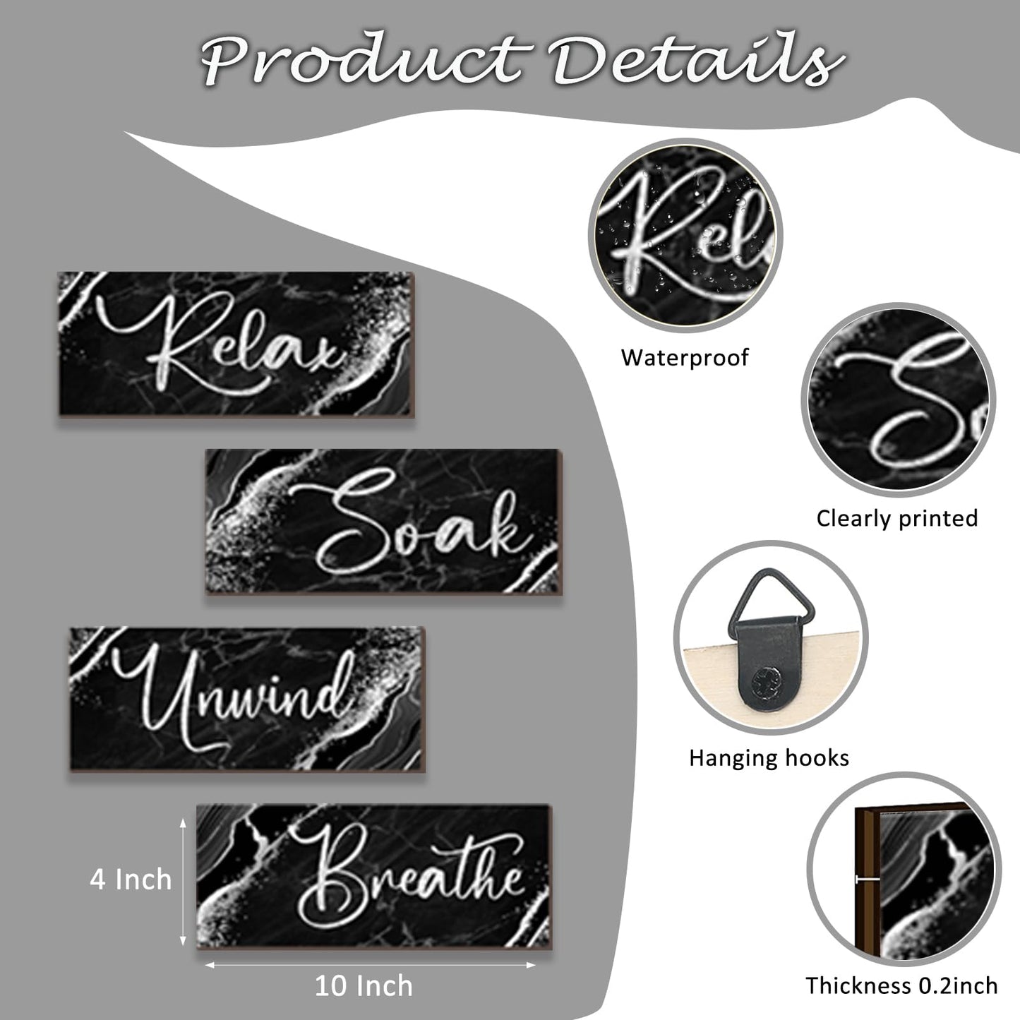 ONIZHITY 4 Pcs Black And Silver Bathroom Decor Wall Signs Relax Soak Unwind Breathe Wooden Rustic Marble Style Bathroom Accessories for Bedroom Living Room Kitchen Decoration(Black Silver 10X4")