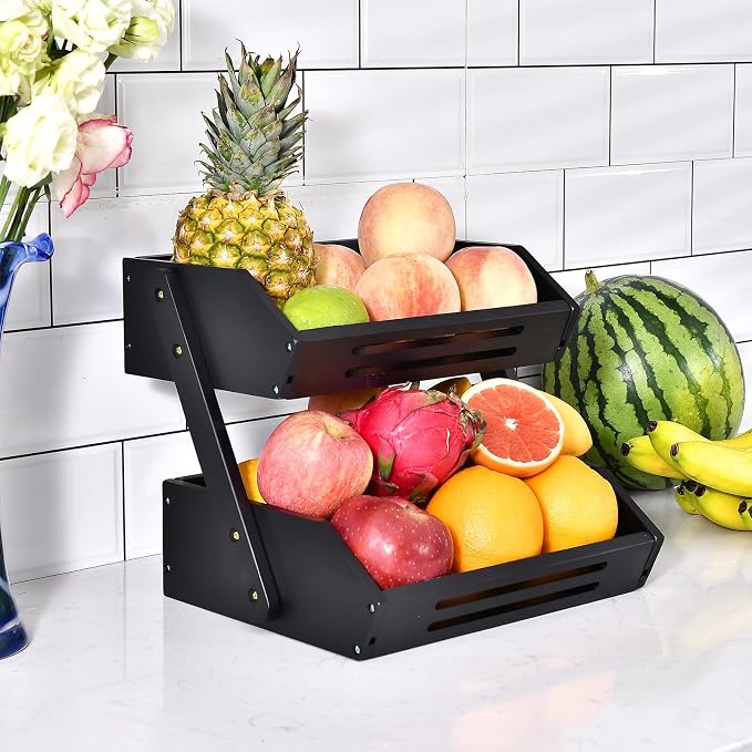 VIKEYHOME Kitchen Organizer with 2-Tier Bamboo Fruit Basket – Large Capacity, Space-Saving Fruit & Veggie Stand for Countertop, Snack Holder, Natural & Sturdy 15mm Thick Design