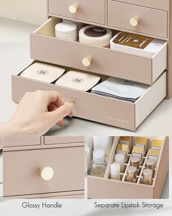 VLANDO Makeup Organzier,Vanity Organizer with Drawers, PU Leather Skincare Organizer Perfume Organizer,Large Cosmetic Display Case for Lipstick,Brushes Gifts for Women, Toffee, 4 Layer