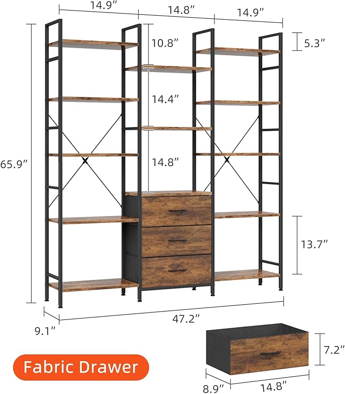 AFLUI Triple Bookshelf with 3 Fabric Drawers, 5-Tier Book Shelf and 10 Display Shelves, Industrial Large Bookcase for Home & Office, Rustic Brown, 47'' Wide