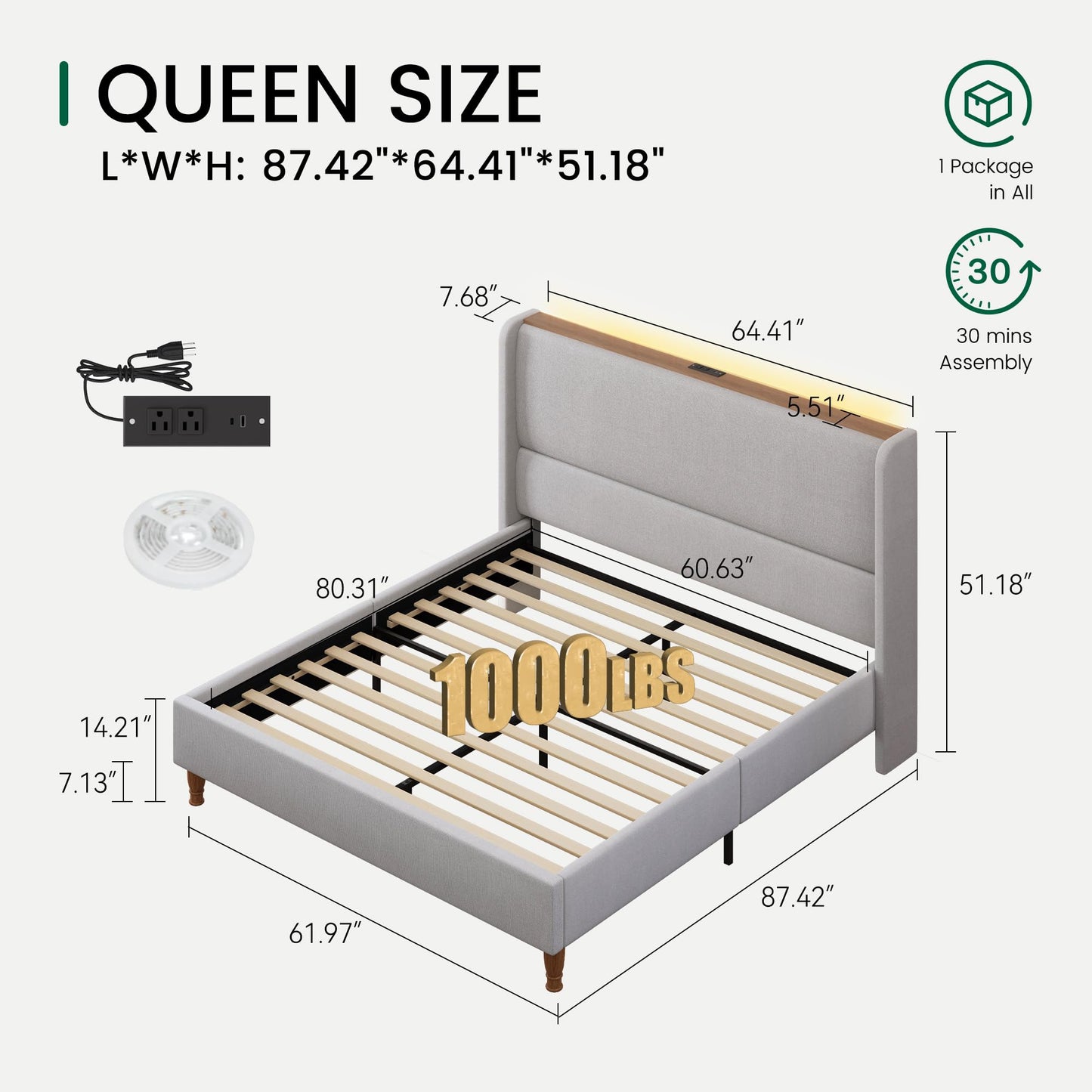 LARMACE Queen Size Bed Frame with LED Lights and Charging Station Linen Upholstered Platform Bed Frame with 51.2" Tall Wingback Headboard and Storage Shelf, No Box Spring Needed, Easy Assembly, Grey