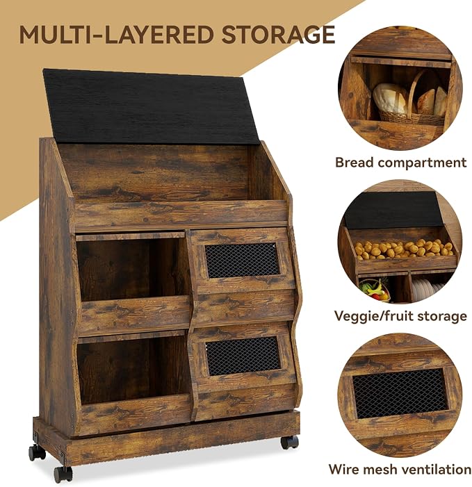 ARTETHYS Potato and Onion Storage Bin for Kitchen Large Potato Storage Box with Wheels 3 Tier Bread Container Holder with Lid and Grocery Section Decorative Vegetable Organization Cabinet for Kitchen