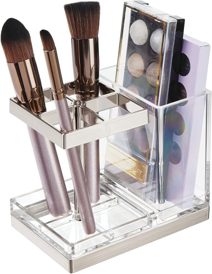 mDesign Plastic Toothbrush and Toothpaste Storage Organizer Holder - Home Decor for Bathroom Countertop - Holds Toiletries and Beauty Accessories - Lumiere Collection - Clear/Brushed