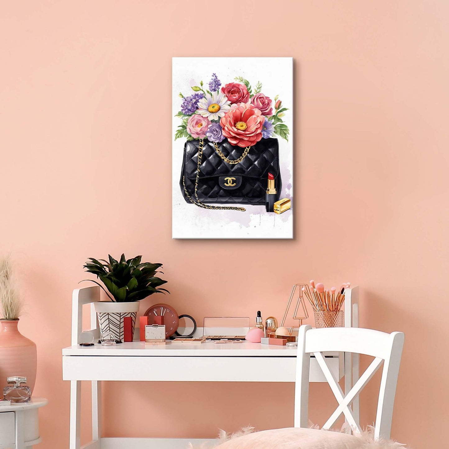 ARTISTIC PATH Luxury Handbag Canvas Wall Art: Fashion Floral Painting Lipstick Picture Print Chic Flower Painting for Bedroom or Living Room