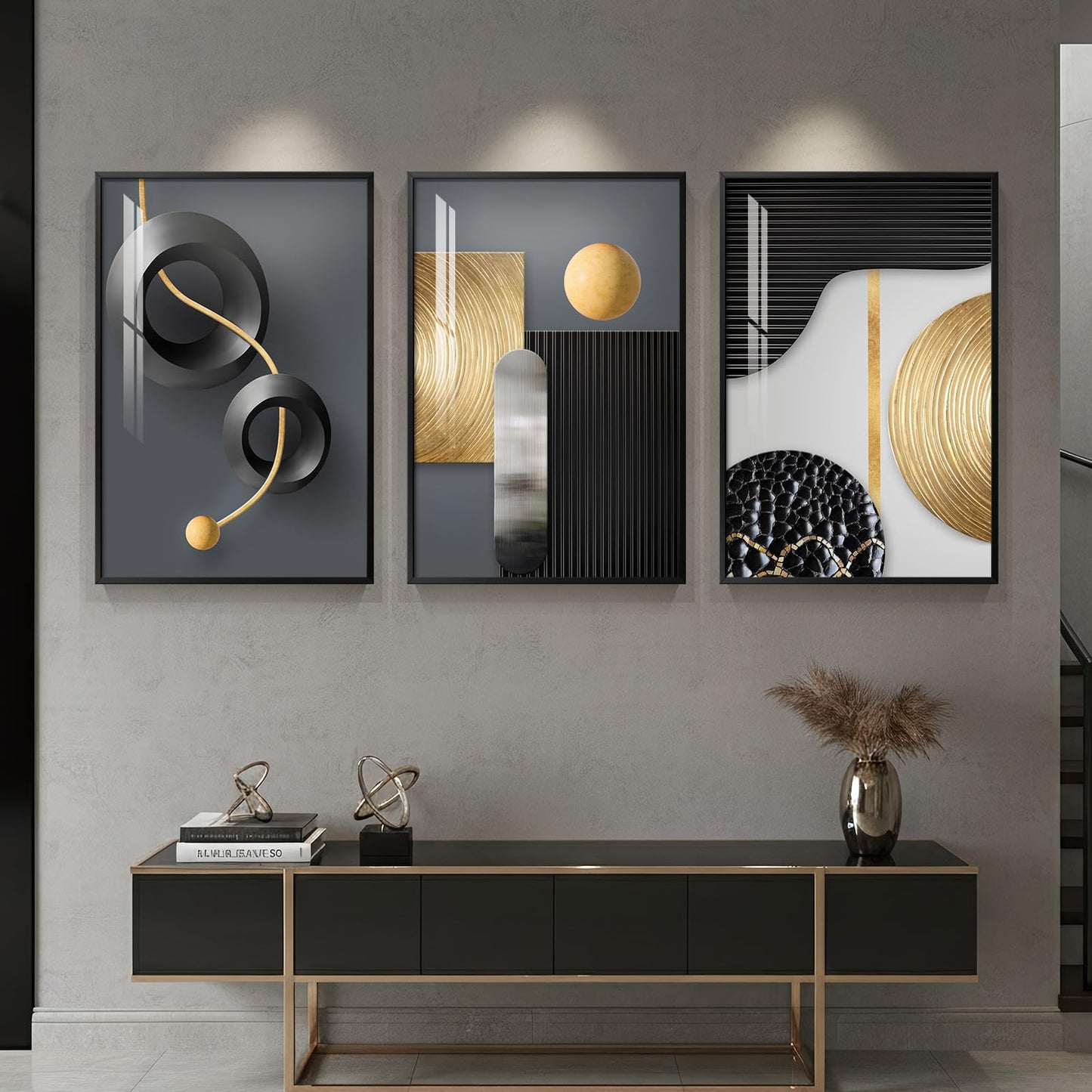 Large Framed Modern Elegant Wall Art for Living Room, 3 Piece Contemporary Luxury Prints Paintings, Black and Gold Abstract Geometric Pictures for Bedroom Entryway Home Office Wall Decor 24x36 In