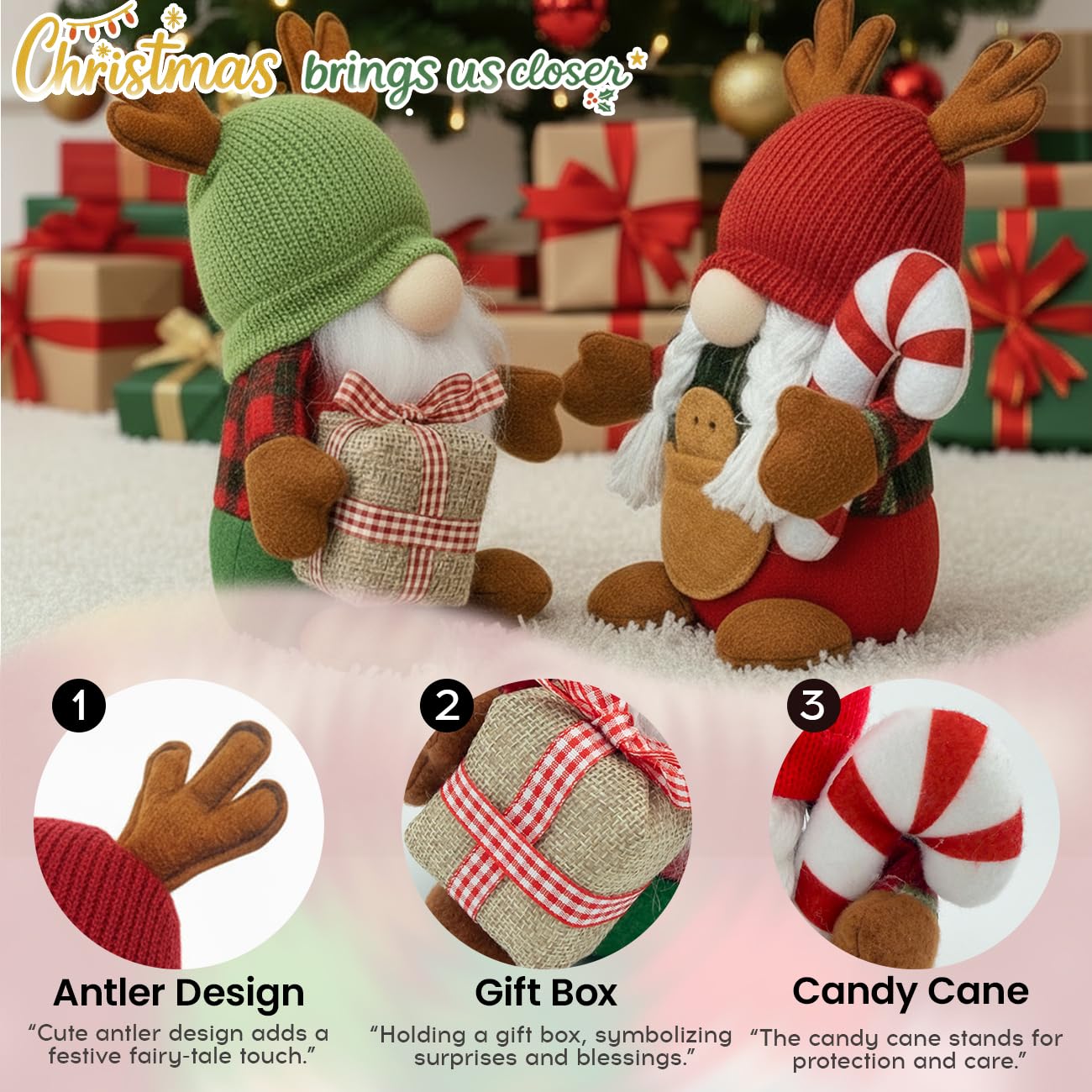 YOMEIA 2PCS Christmas Gnomes Plush Decorations, Set of 2 – Scandinavian Tomte Elf Gnomes with Gift & Candy Cane, Swedish Nordic Holiday Home Decor for Xmas