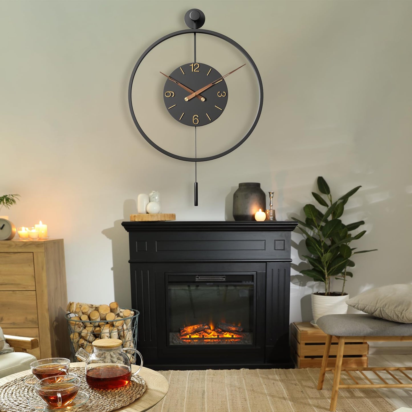 30.7×20 Inch Large Modern Decorative Wall Clocks for Living Room,Big Metal Minimalist 3D Arabic Numeral Dial,Farmhouse Pendulum Wall Clock With Elegant Walnut Pointers for Office,Dining Room Decor