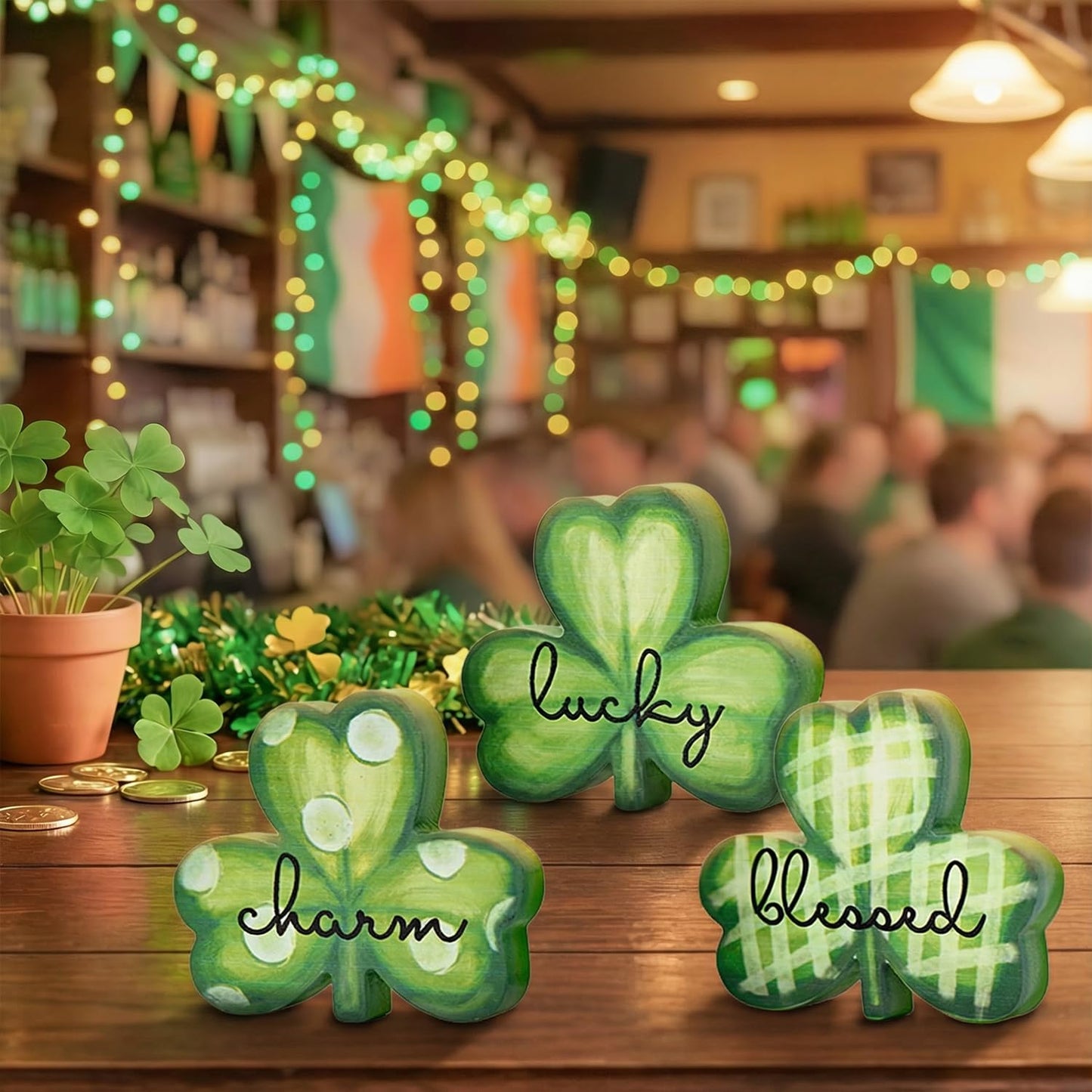 Smile St.Patrick's Day Wooden Shamrock Block Decor Set of 3 Lucky Blessed Charm Clover Ornaments, Tabletop Shelf Lucky Decoration