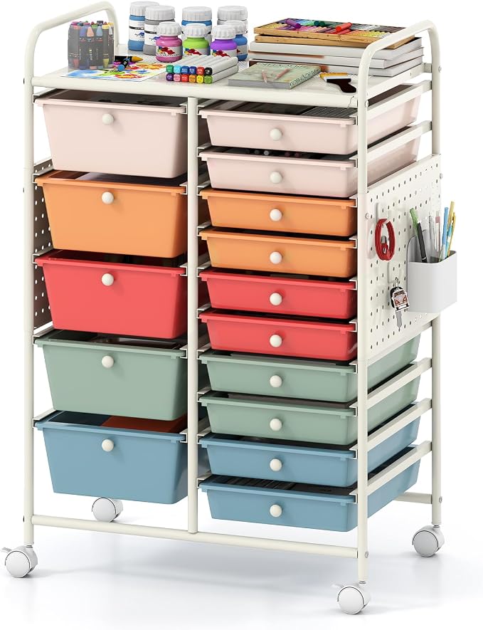 Giantex 15 Drawer Storage Cart, Rolling Craft Cart with Metal Tabletop & Pegboard, Mobile Utility Organizer Trolley with Locking Wheels, Home Office, Macaron Multicolor