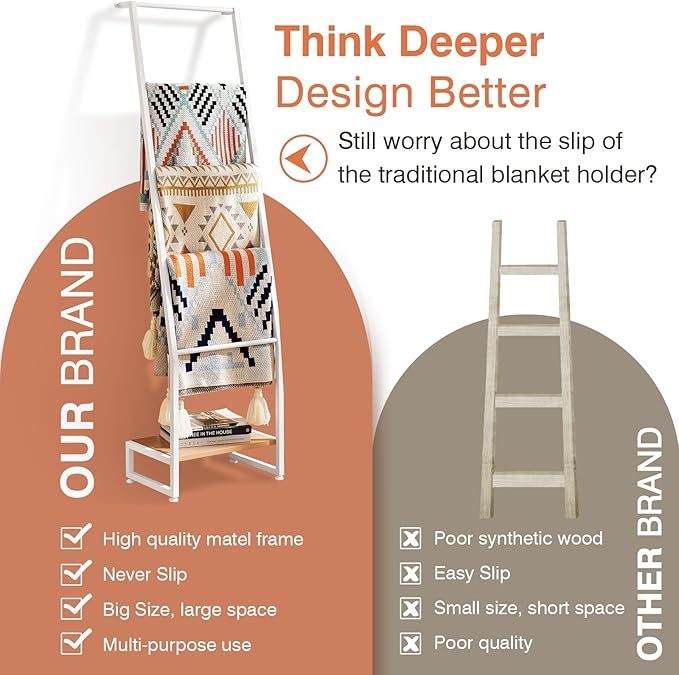 DGWJSU Blanket Ladder, 5 Tier Ladder Shelf,Wooden Blanket Ladders for Living Room and Bedroom, 5.2ft Blanket Holder Rack Farmhouse Ladder Rack for Storage and Home Decor (White)