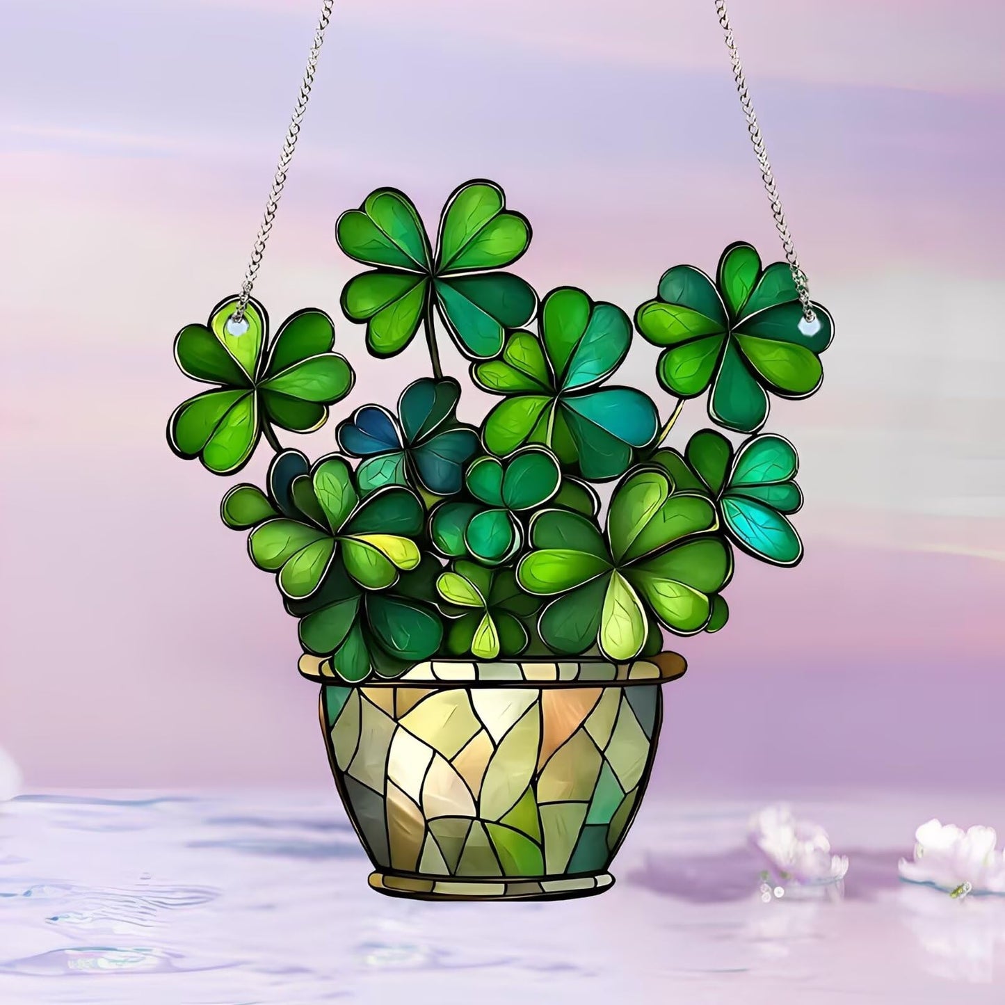 1PC Shamrock in Pot Acrylic Suncatcher Hanging, 7.08 inch Window Decor with Printed Stained Glass Style Design, Rainbow Maker Wall Art, Gift Idea & Garden Ornament Indoor Outdoor Use/ZW-02