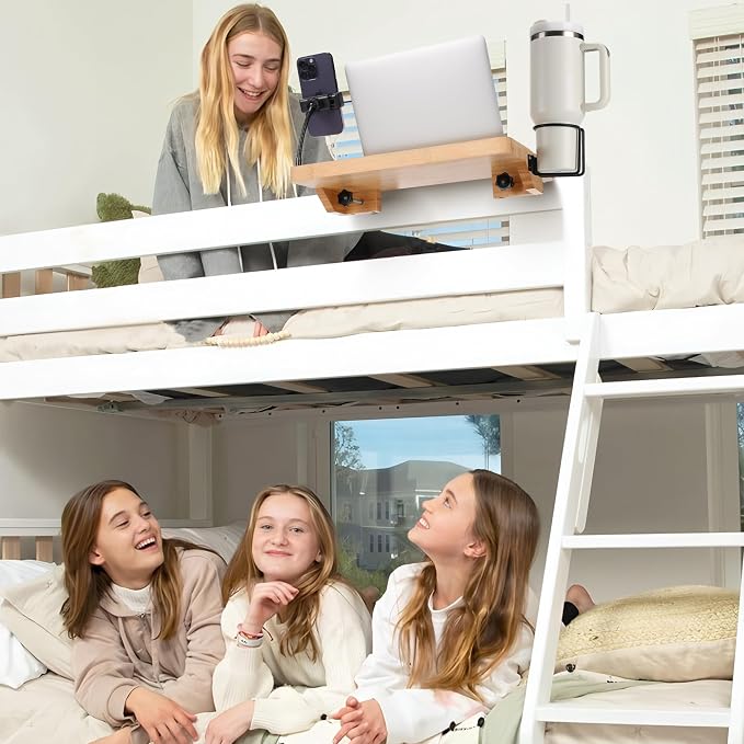 Bedside Shelf for Dorm Bed & Top Bunk, Bamboo Bed Side Table Tray with Cup Phone Holder & Hooks, Bedside Caddy, Clip on Nightstand Bedside Storage College Dorm Room Essentials (Bamboo-1)