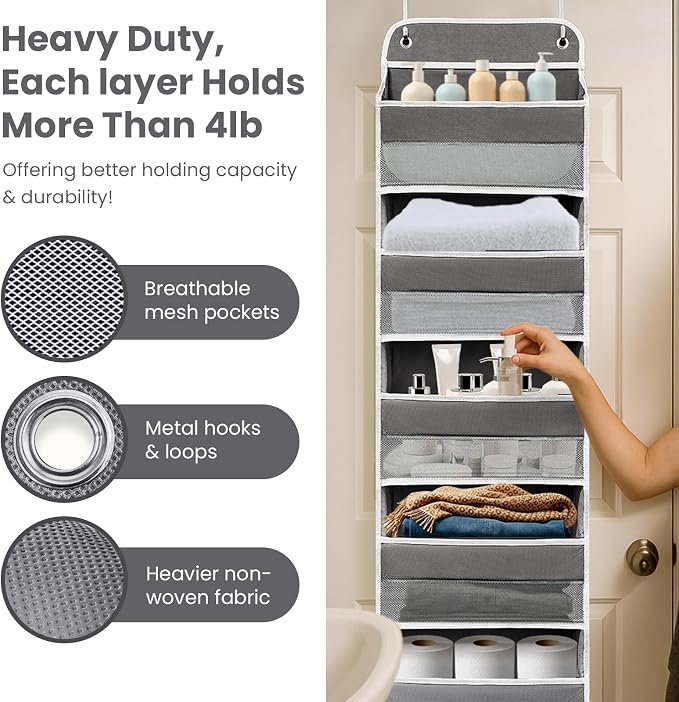Easy Assembly Over The Door Organizer, 5 Shelves& 8 Side Pockets, Heavy-Duty Reinforced Mesh Rack Holds 44lb, Hanging Behind Door Storage for Bathroom Pantry, Nursery, Closet, Shoes, Towels- Dark Grey