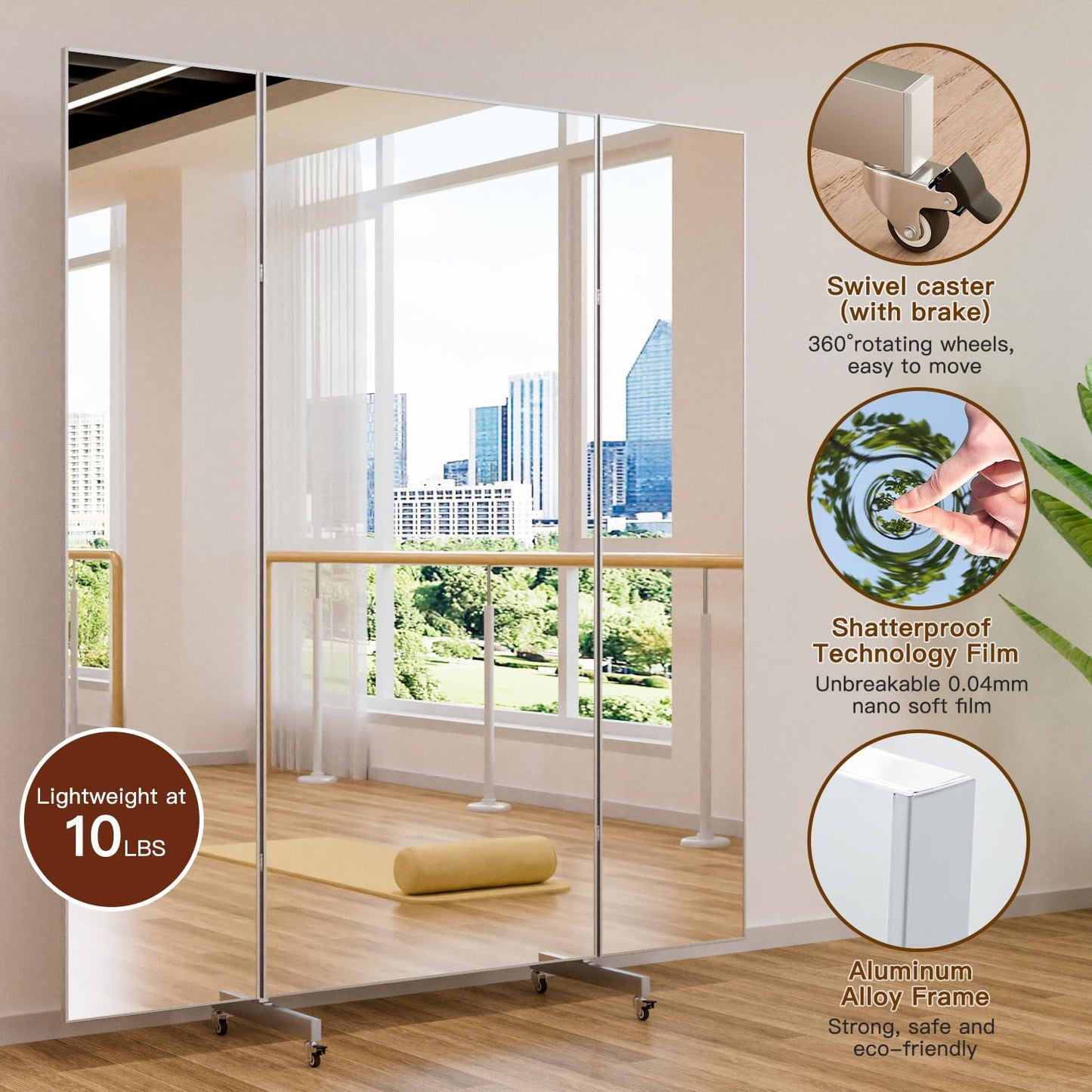 HDmuxel Full Length Mirror with 360° Wheels, 63" x 71" Foldable Floor Mirror with Nano-Tech Shatterproof Film - Ultra-Large Mobile Mirror for Home Gym, Dance Studio & Commercial Spaces (Black)