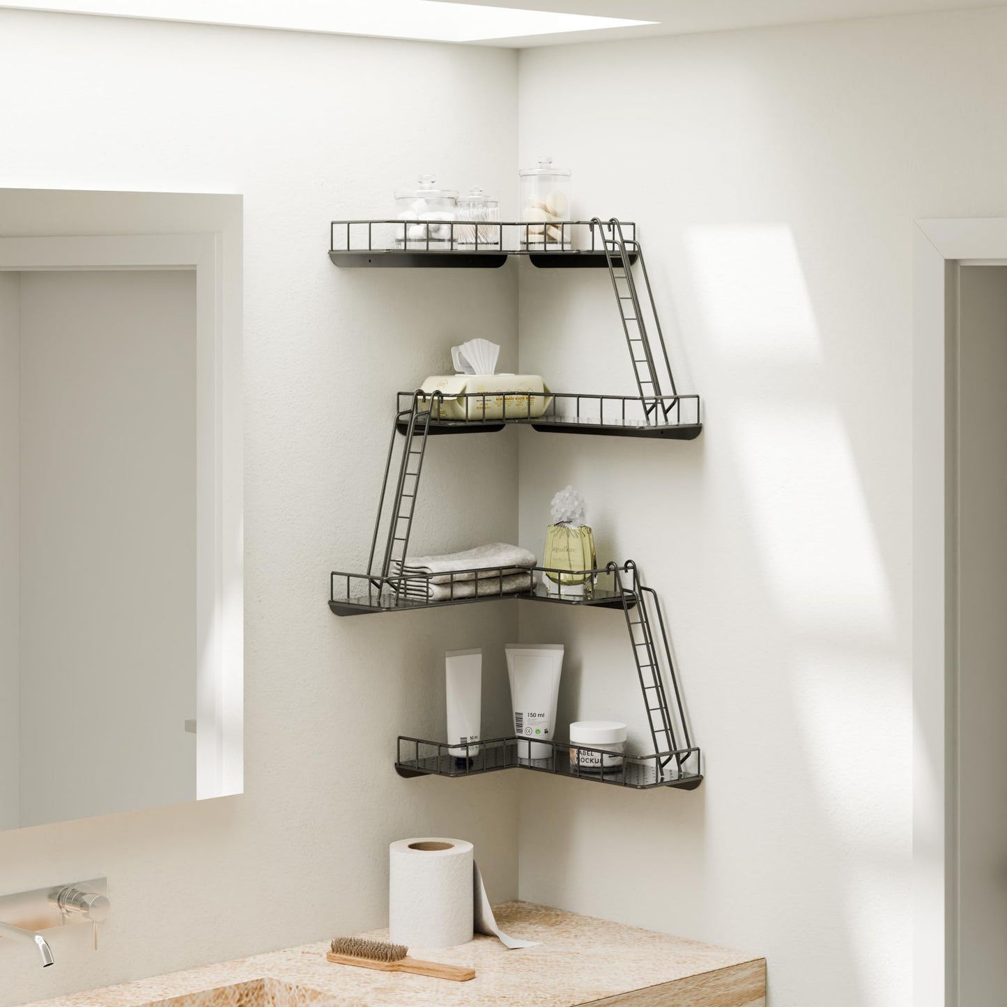 WOPITMER Fire Escape Wall Shelf - Modern City Style 4-Tier Corner Wall Shelves, Easy to Install Metal Ladder Shelf for Figures, New York Decorative Shelves for Bathroom, Living Room & Home Decor,Black