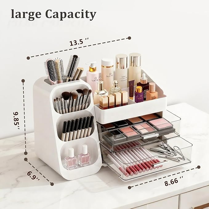 Bathroom Countertop Makeup Organizer with Brush Holder, Large Cosmetic make up storage organizers with 2 Drawers for Vanity Counter top, Makeup Caddy for skincare, lipsticks, hairbrush