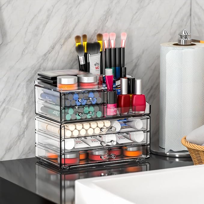 Acrylic Clear Make up Organizers And Storage for Vanity,Bathroom Skincare Organizer With 5 Drawer for Dresser,Plastic Desk Accessories Organization,Cosmetic Organizer Countertop for Beauty,Skin Care
