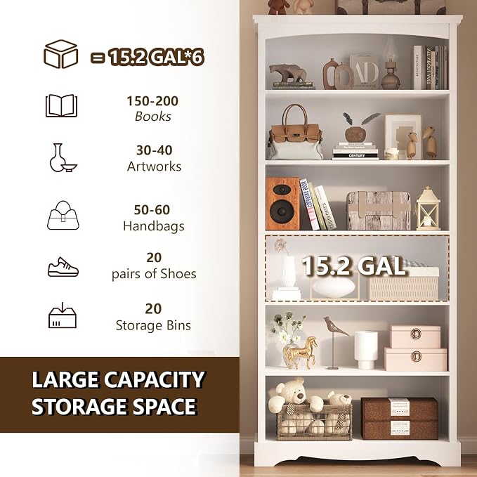 TVU 6-Tier Wooden Bookshelf, 76 Inch Tall Bookshelf with Storage, Floor Standing Modern Style Display Bookcase for Living Room, Office, Study Room, Entryway, White
