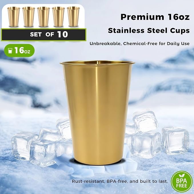 5 Pack 16 oz Stainless Steel Pint Cups,Stainless Steel Cup,Pint Cup Tumbler，water Tumbler,Stackable,Reusable,BPA Free (16oz-10pack-Gold steel)