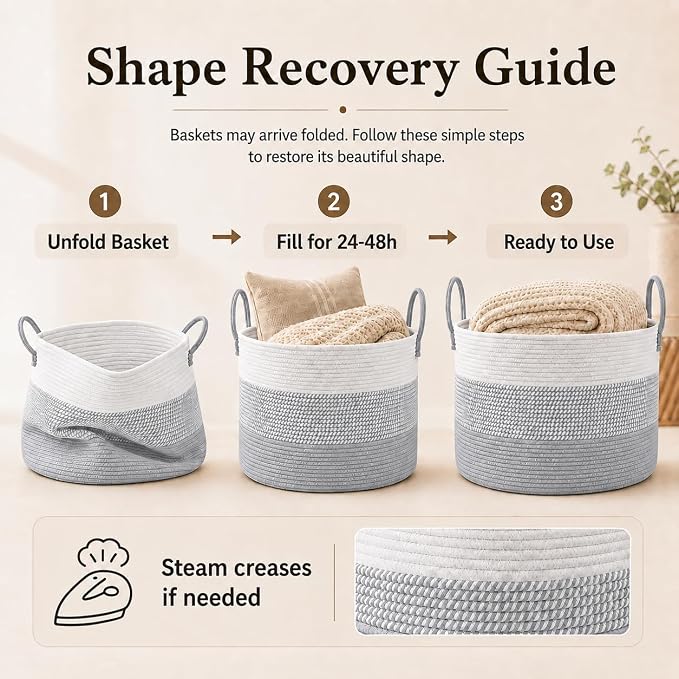 JMvicyroam 65L Extra Large Blanket Basket for Living Room - Woven Cotton Rope Laundry Hamper with Reinforced Handles - Storage Bin for Pillows, Comforters & Toys - Machine Washable,White&Grey Mix