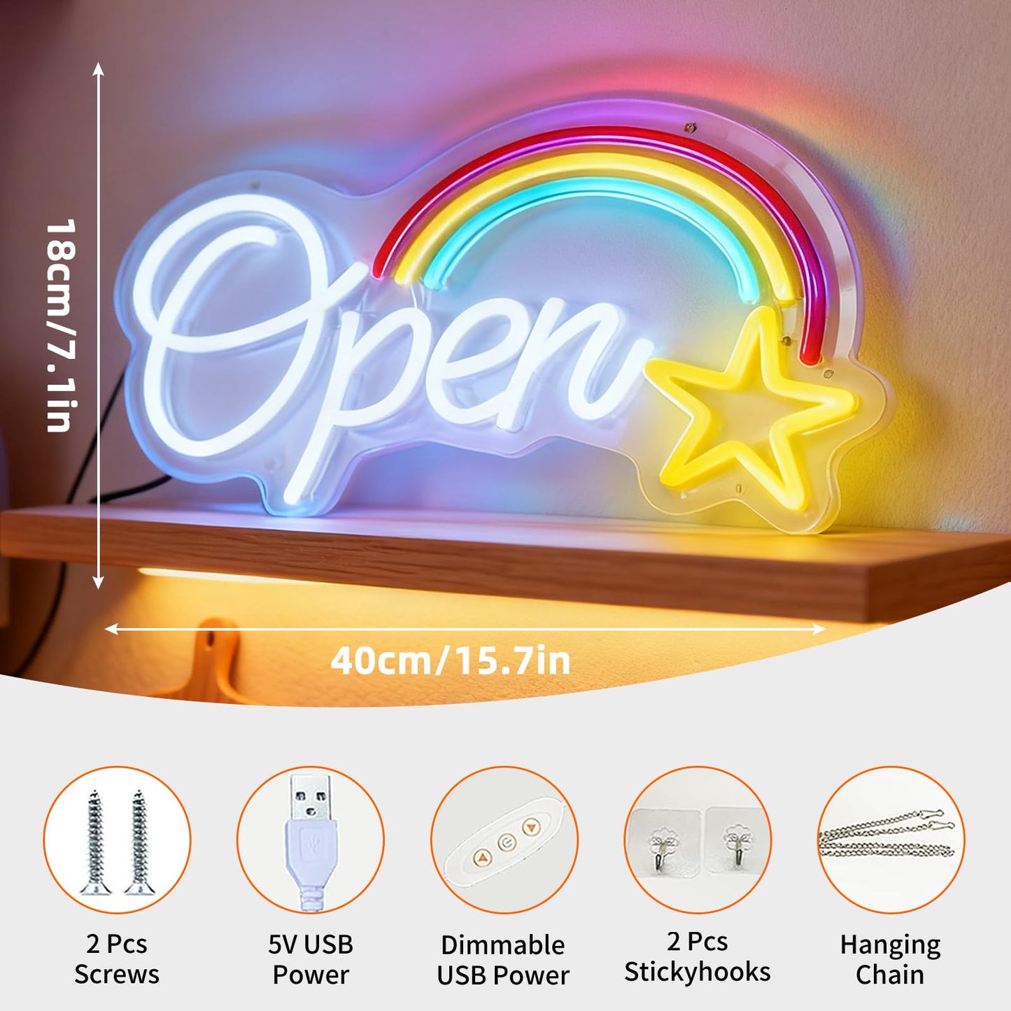 Open LED Neon Sign, USB Powered Decorative Light Store Business Open Sign for Retail Shop Cafe Bar Home Wall Table Light Up Neon Decor 15.7 x 7.1 In
