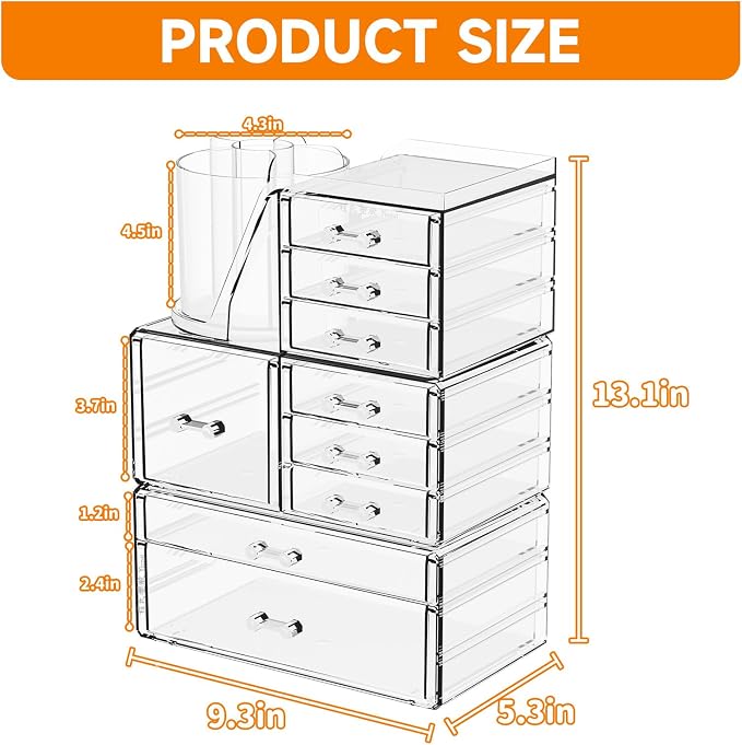 SuoXing 3 Pack Clear Acrylic Makeup Organizer for Vanity With 9 Drawer, Skincare Organizers Countertop With Make up Brush Holder,Bathroom Make up Drawer Storage for Beauty,Hair Accessories Organizer | Cute