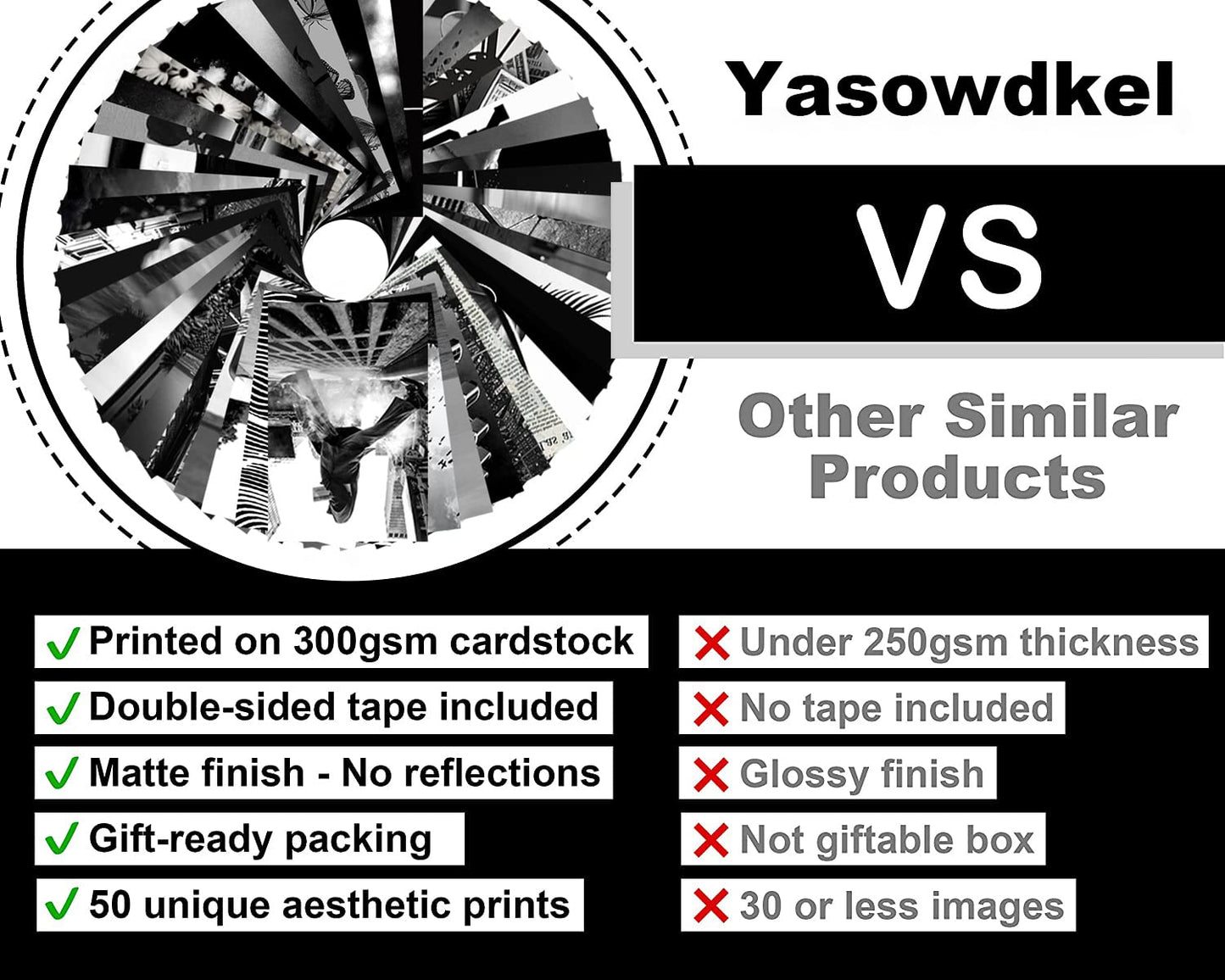 Yasowdkel Black White Aesthetic Wall Collage Kit, Aesthetic collage kit, 50PCS 4x6 Inch Picture Collage Kit for Wall Aesthetic,Black picture wall collage,Dorm Wall Decor, Cute Wall Decor for Teen