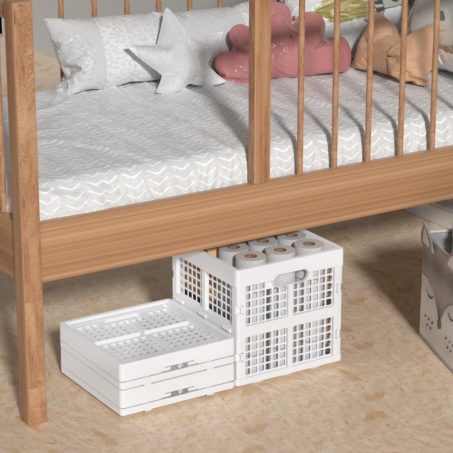 Sadstory 18 L Plastic Square Folding Storage Crate, Stackable Collapsible Crates, White, 3 Pack