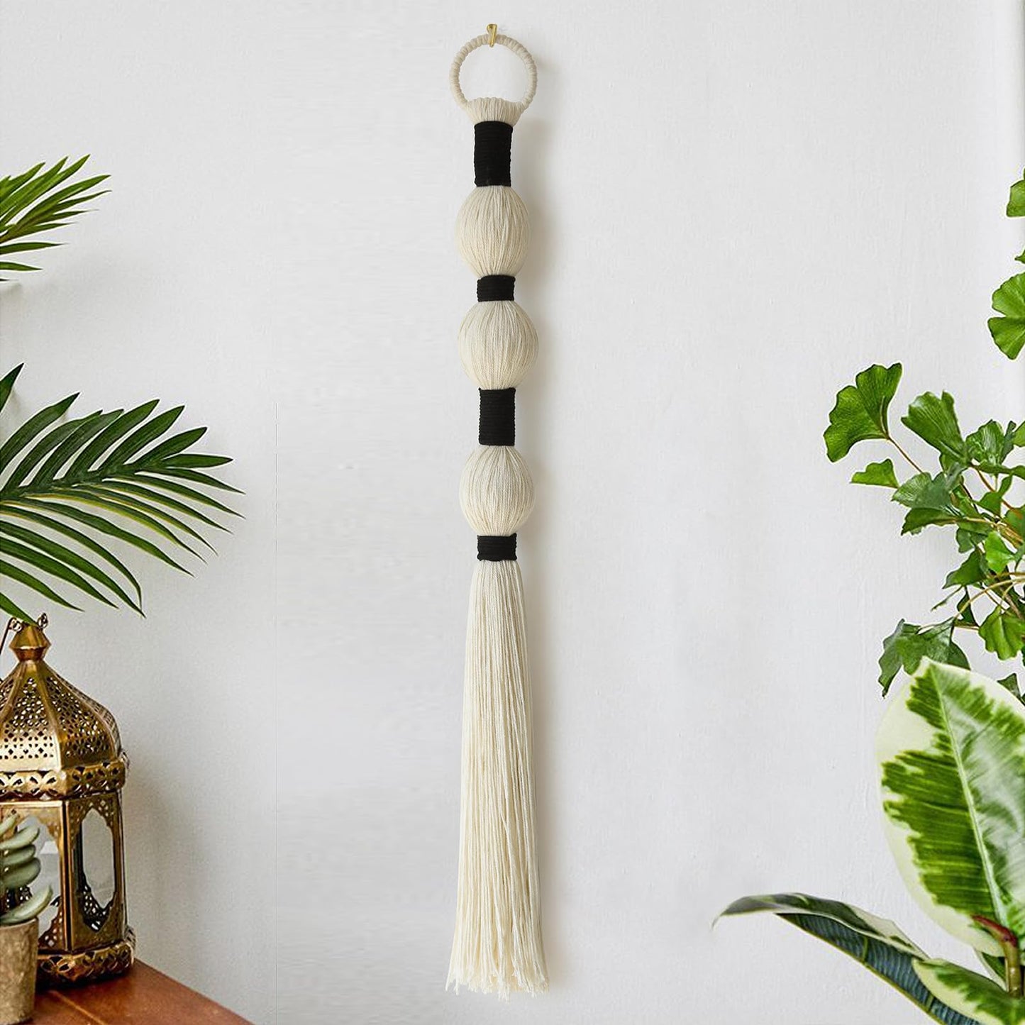 IOWER Macrame Wall Hanging Boho Wall Decor Small Sphericity Cotton Textile Tassel Hanging Fiber Yarn Art for Living Room Bedroom 27'' L x 2.3'' W