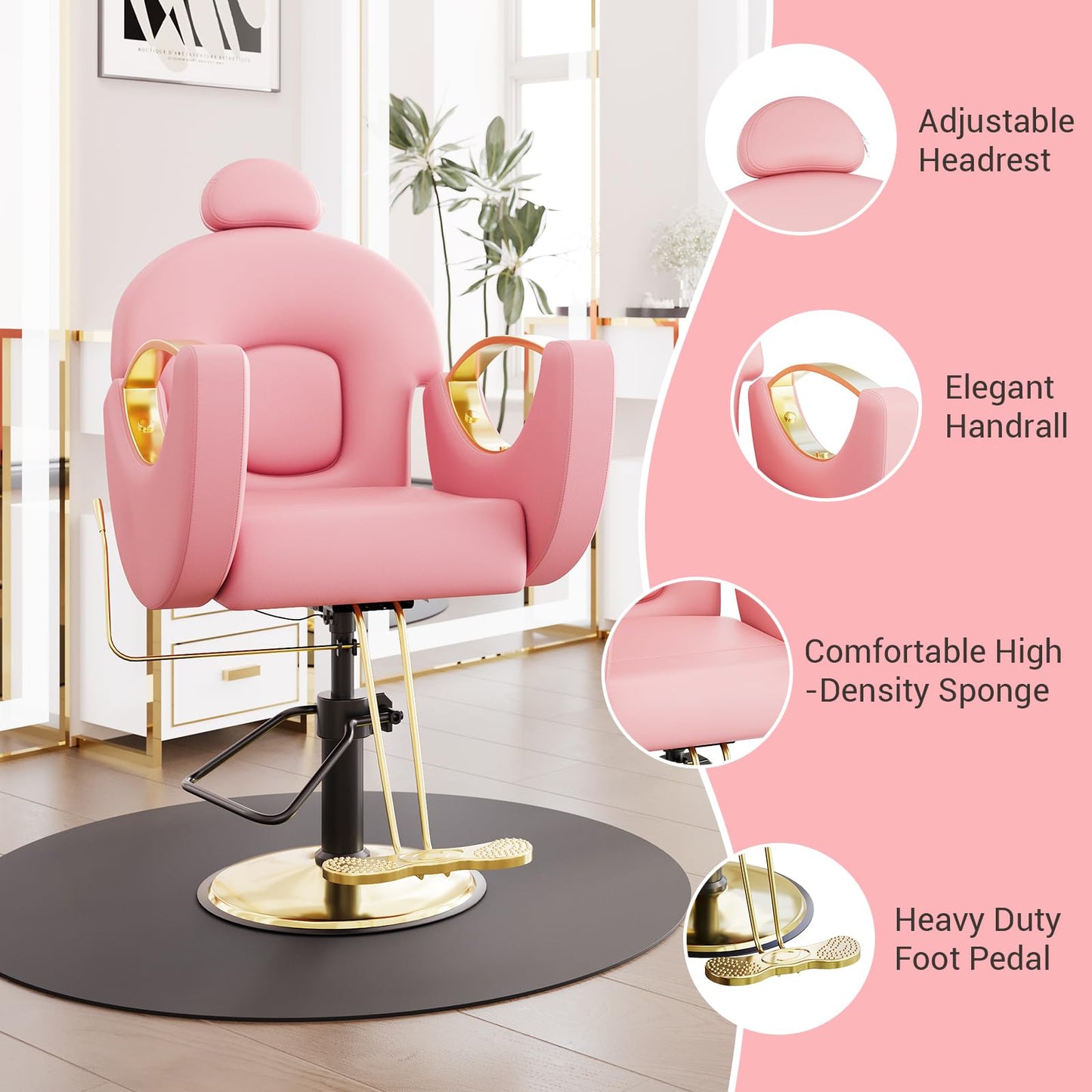 MegaChoice Barber Chair, Reclining Salon Chair, 360° Rotation, Multi-Functional Height Adjustable Hydraulic Chair for Salon, Barbershop, Spa, Pink