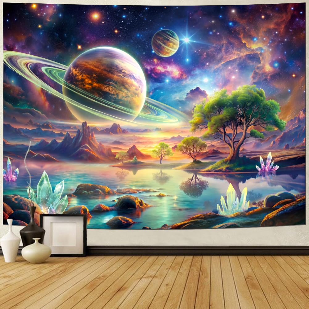 Blacklight Galaxy Space Tapestry UV Reactive Planet Wall Hanging Magical Trees Tapestries Cosmic Mountain Landscape Wall Decor Aesthetic Starry Night Backdrop for Bedroom