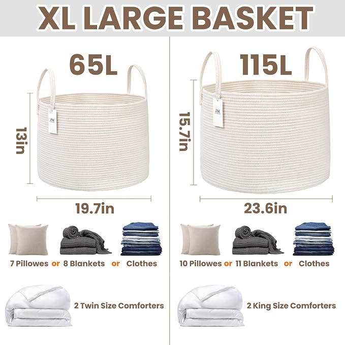 JMvicyroam 115L Extra Large Blanket Basket for Living Room - Woven Cotton Rope Laundry Hamper with Reinforced Handles - Storage Bin for Pillows, Comforters & Toys - Machine Washable,White