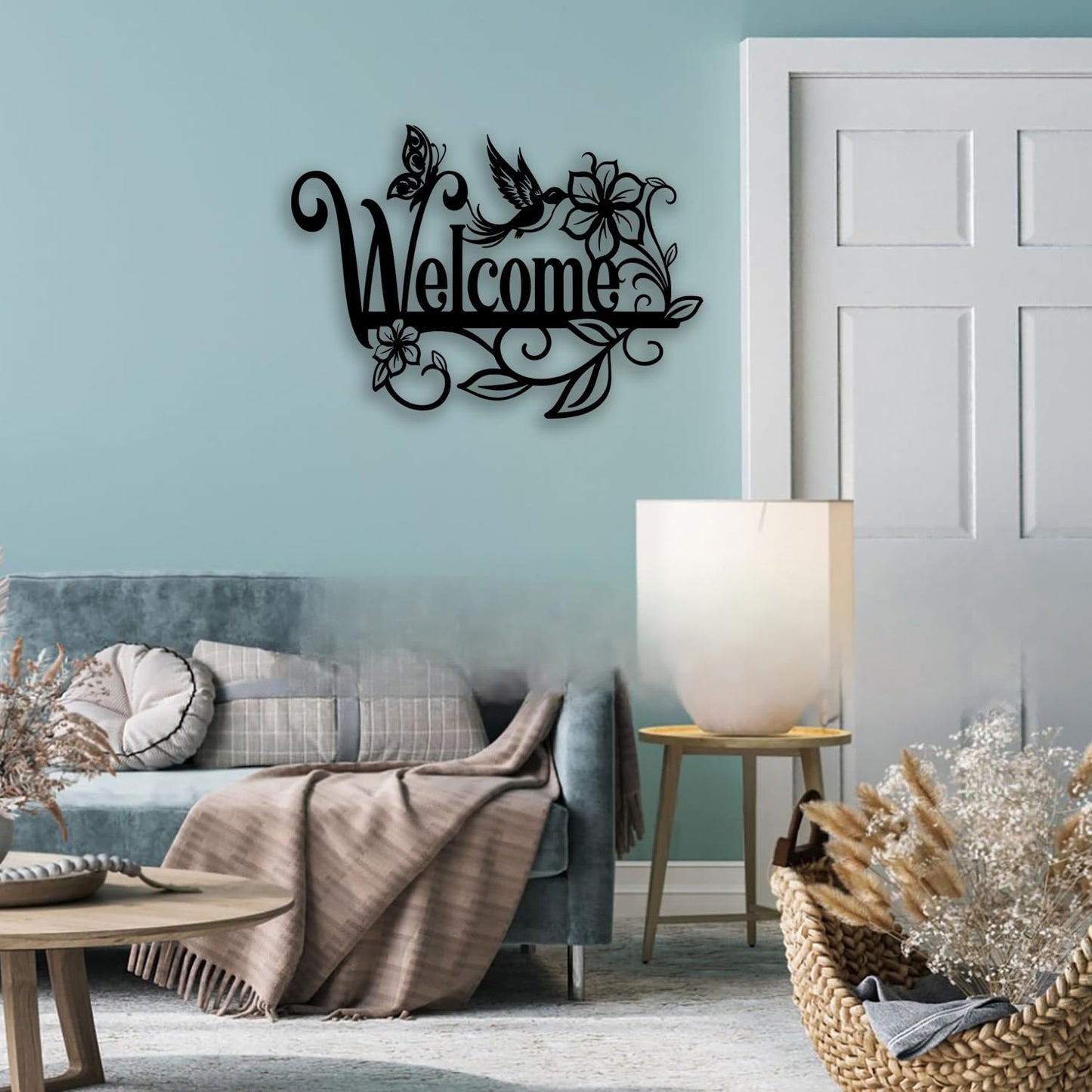 OPTYBVFD Welcome Sign Flower Butterfly Metal Wall Decor - Room Decor Wall Art Home Decor for Living Room, Outdoor, Garden, Farmhouse (Black)