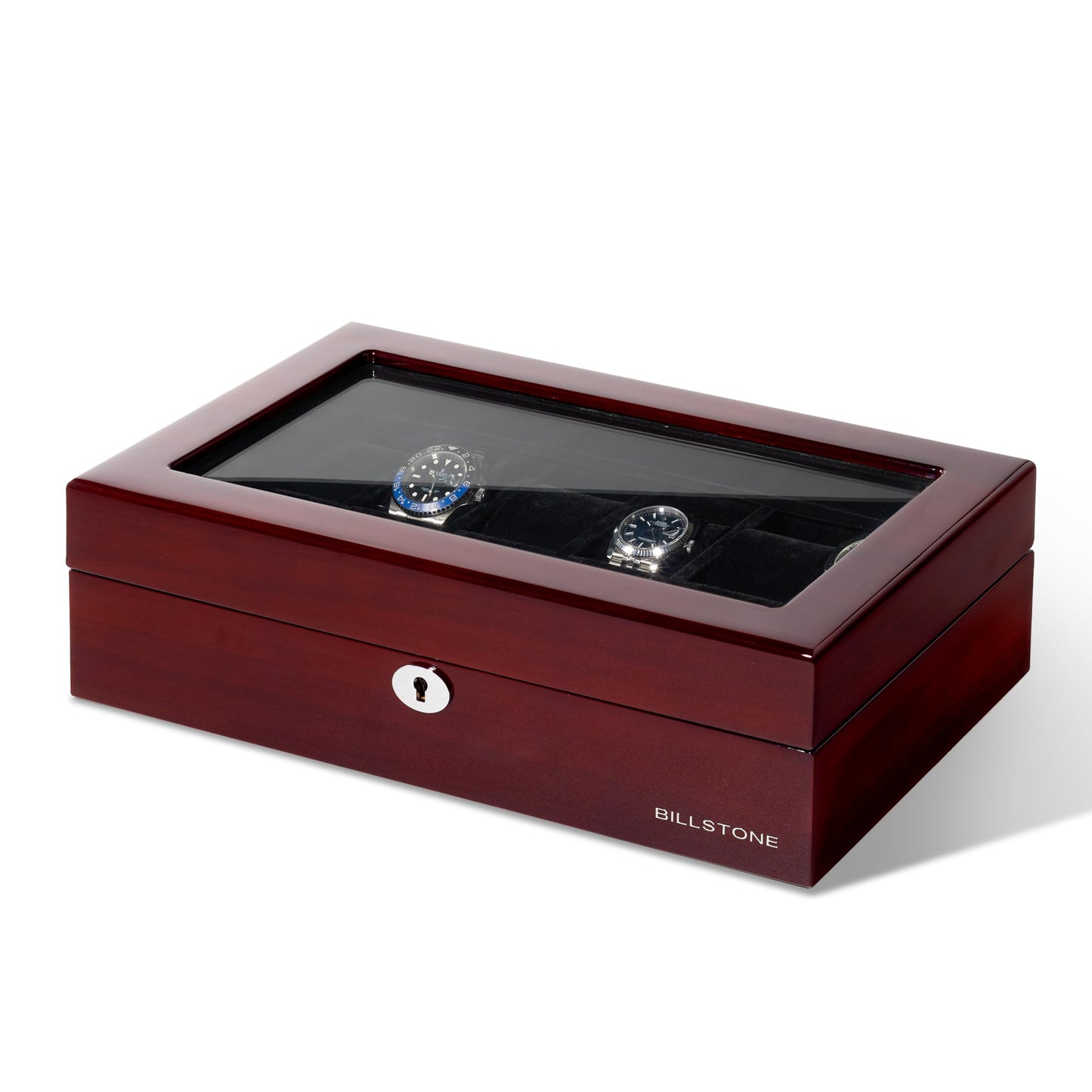 BILLSTONE Heritage 12 Wooden Watch Box – 12 Slot Watch Organizer, High-Polish Bubinga Wood with Black Velvet Interior