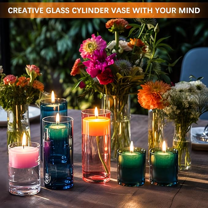 64 Pack Thick Glass Cylinder Vases 4,6,9,12 Inch Tall Clear Flower Vase Hurricane Floating Candle Holder for Table Centerpiece Wedding Home Decor