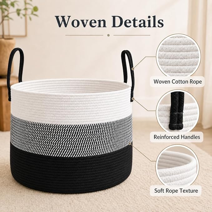 JMvicyroam 65L Extra Large Blanket Basket for Living Room - Woven Cotton Rope Laundry Hamper with Reinforced Handles - Storage Bin for Pillows, Comforters & Toys - Machine Washable,White&Black Mix