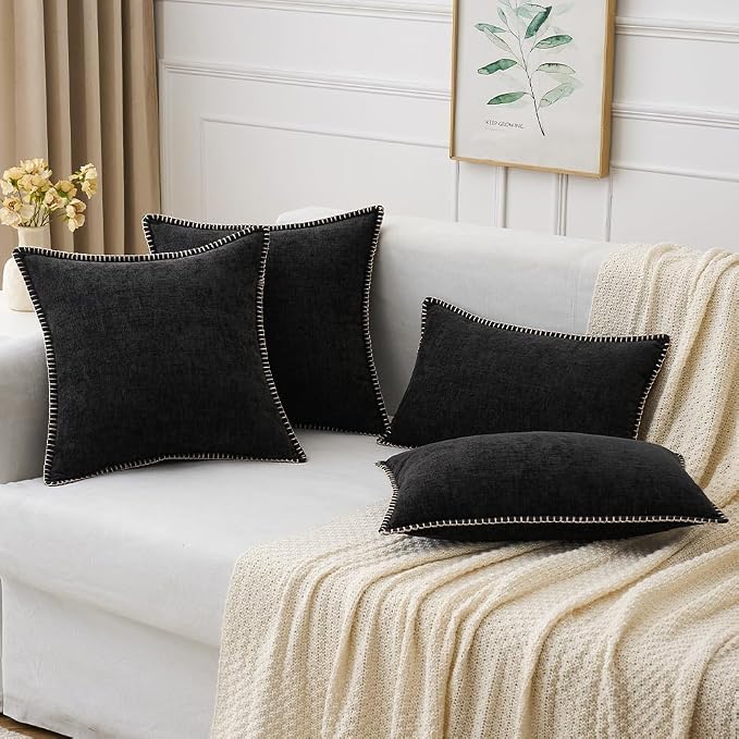 MIULEE Pack of 2 Couch Throw Pillow Covers 20x20 Inch Black Farmhouse Decorative Pillow Covers with Stitched Edge Soft Chenille Solid Dyed Pillow Covers for Sofa Bed Living Room