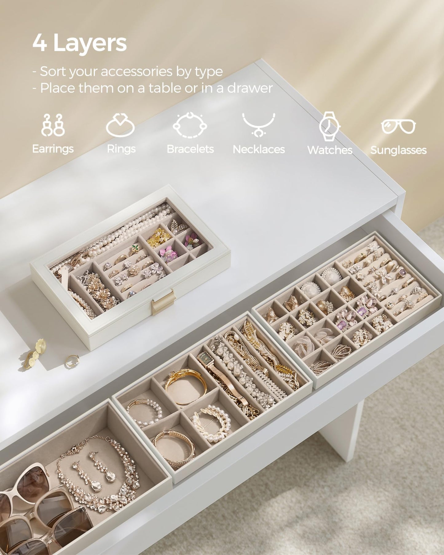 SONGMICS Stackable Jewelry Trays, 4-Tier Jewelry Box, Drawer Jewelry Organizer, with Glass Lid, Removable Dividers, for Vanity Table, 6.7 x 11 x 7.2 Inches, Gift Idea, Cloud White UJBC164W01
