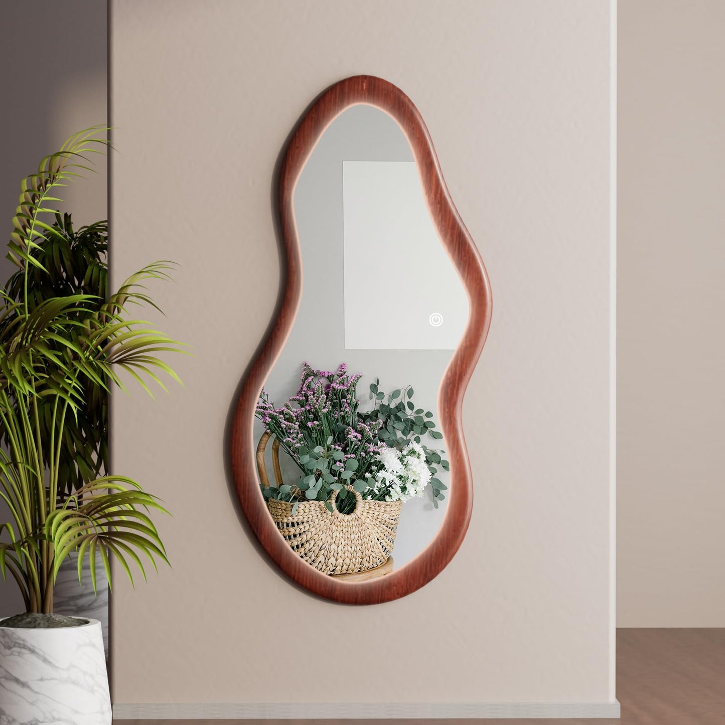 osemy 48"x 24" LED Wood Full Length Mirror with Lights Irregular Wavy Full Body Mirror Shatter-Proof Hanging/Leaning Wall Mounted Walnut Wooden Framed for Dressing Bedroom Living Room